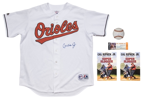 Lot of (5) Cal Ripken Jr. Autographed Baltimore Orioles Home Jersey, Baseball, Books (2) and Game Ticket (Beckett)